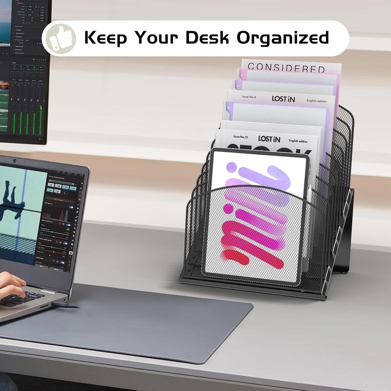 Sinboun Inclined Desk File Organizer Metal Desk Magazine Folder Holder with 8-Section Vertical Compartments Rack File Organizer for Office, Home, School, Black - Image 4